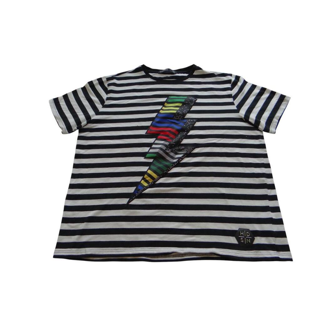 Hudson Outerwear Men's Black and White Striped T-Shirt with Lightning Bolt